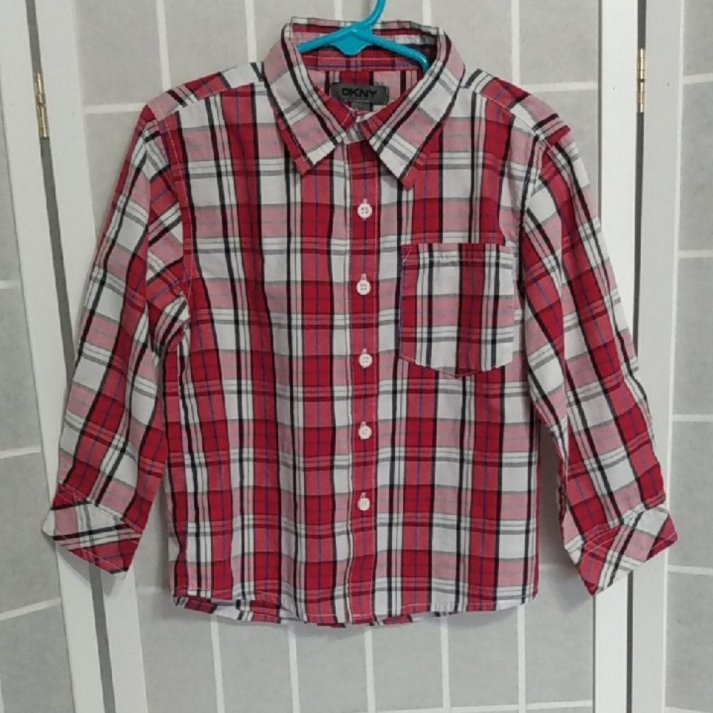DKNY Kids Red and White Plaid Button Down Shirt 3T Long Roll Tab Sleeves‎
